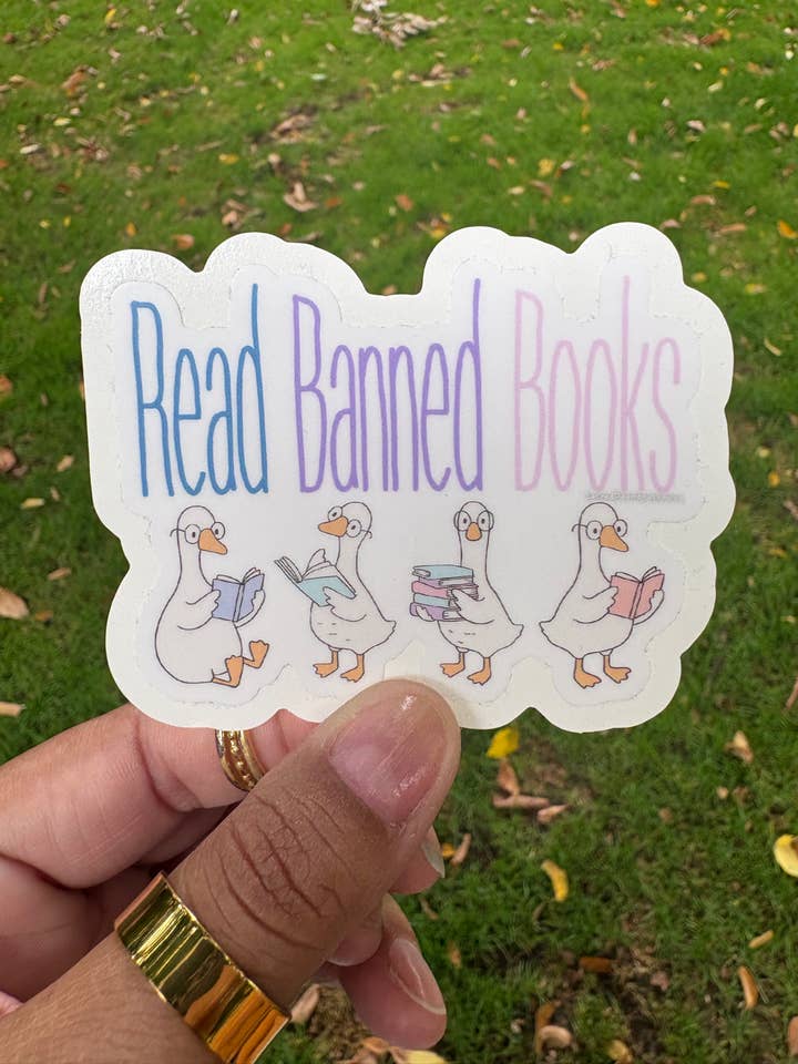 Read Banned Books vinyl sticker for wholesale by Sacred Paintbrush Arts