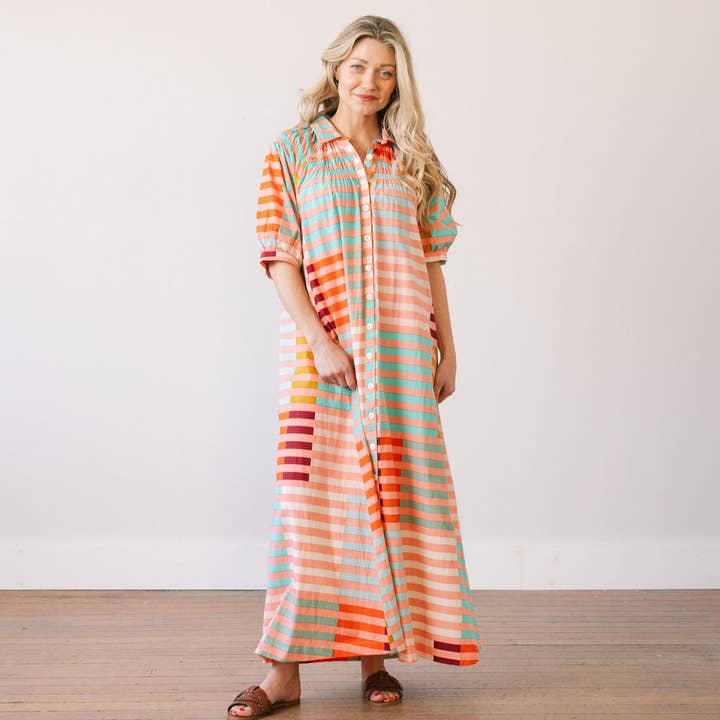 Sunshine Tienda - Wholesale Dress - Women's - Apricot Colorful Stripe Oasis Dress3