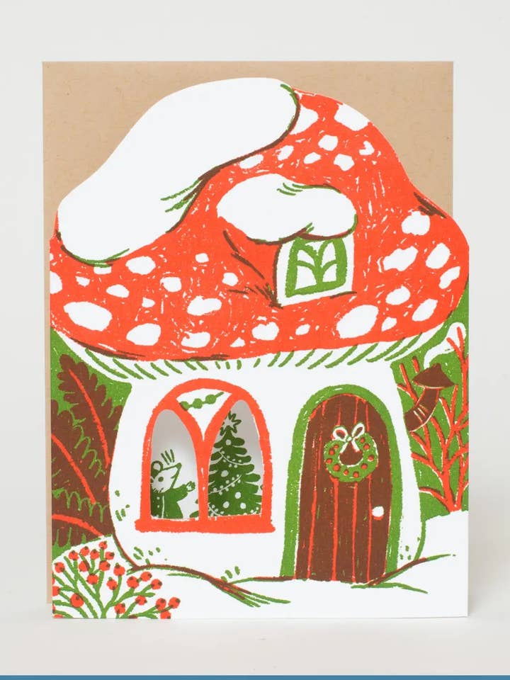 LIMITED EDITION - Merry Mushroom House Letterpress Holiday Greeting Card By Phoebe Wahl for wholesale by Jewitches