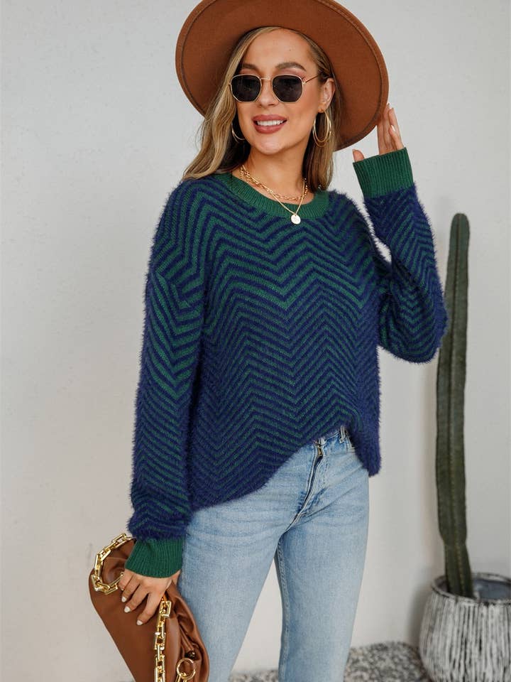 NINEXIS - Wholesale Knit Sweater - Women's - CWOSWL1707_V-neck Long Sleeve Striped Pullover Sweater