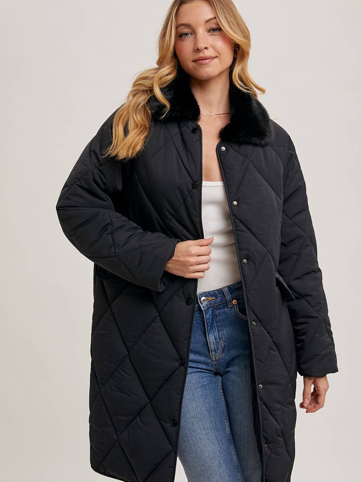 Bluivy - Wholesale Puffer Jacket - Women's - FAUX FUR COLLAR BUTTON DOWN QUILTED PUFFER MIDI JACKET14