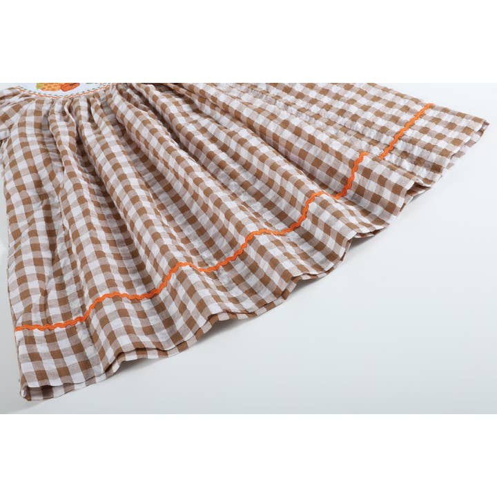Lil Cactus - Wholesale Dress - Kids - Light Brown Gingham Pumpkin Turkey Smocked Bishop Dress