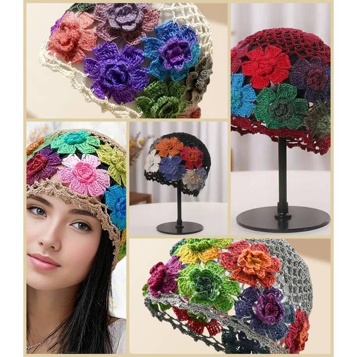 JC Sunny Fashion – Gorro - Mulher por atacado – JCH903327 Gorro Colorido 3D Vintage com Flores Boho em Croché Vazado3