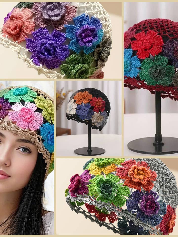 JCH903327 Gorro Colorido 3D Vintage com Flores Boho em Croché Vazado por atacado de JC Sunny Fashion