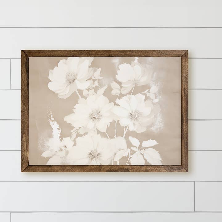 Cream Neutral Flowers Wood Framed Sign for wholesale by DWELL Home Shoppe