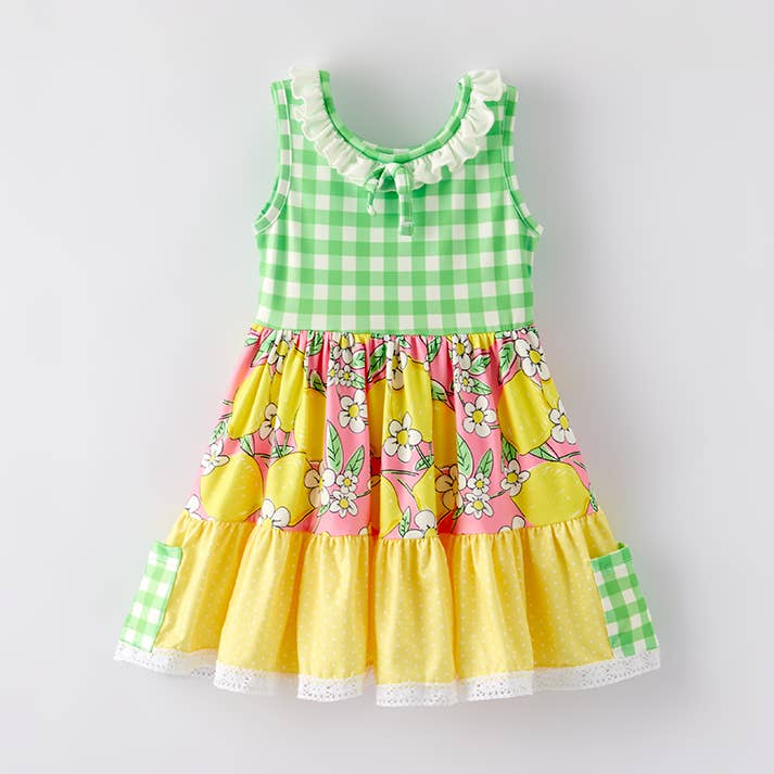 Toddler Girls Summer Green Plaid Lemon Print Dress for wholesale by Auraquise