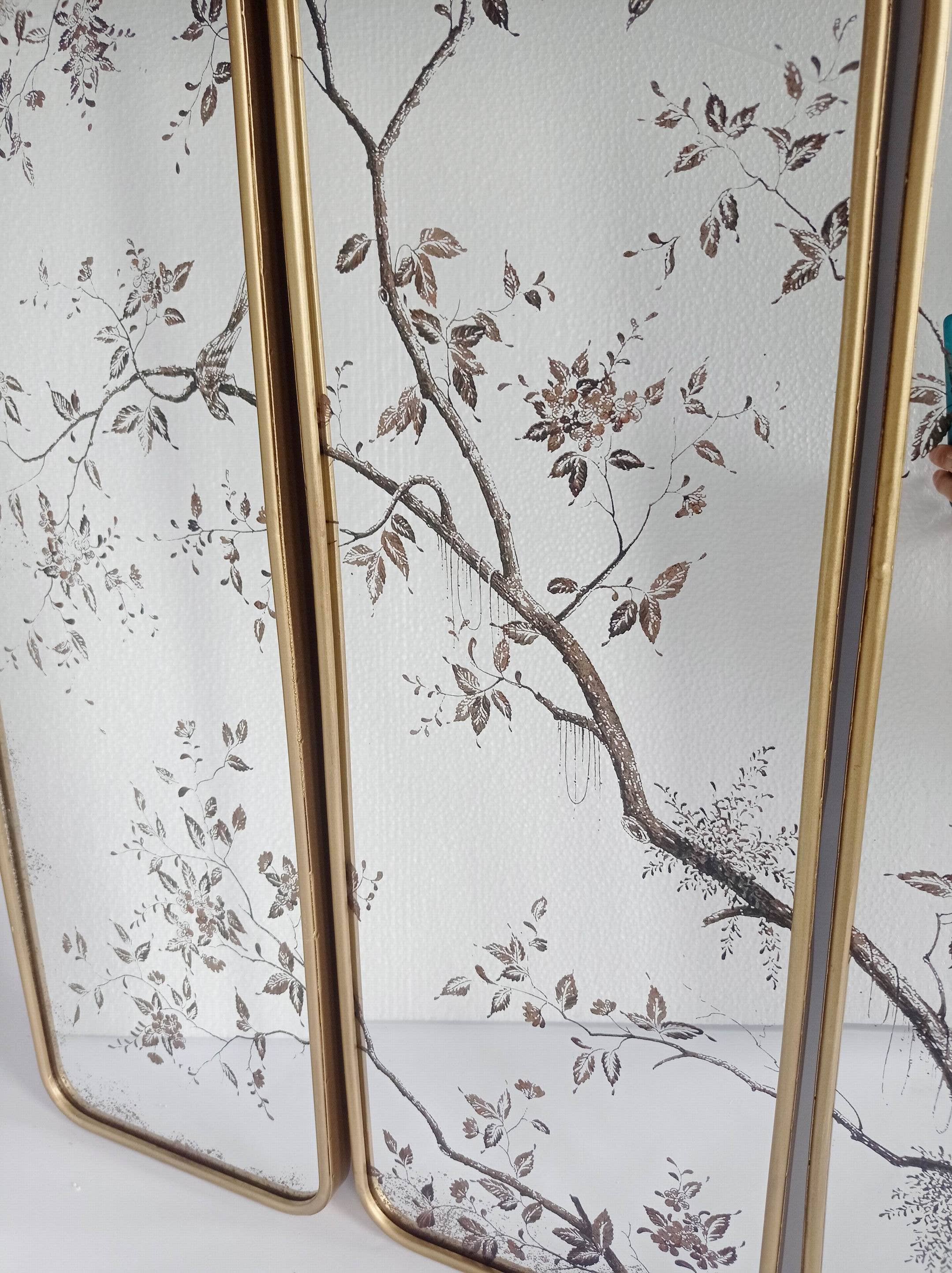 Originals International Ltd - Wholesale Wall Mirror - Antiqued Botanical Mirror Trio – Bird & Blossom Panel Set4