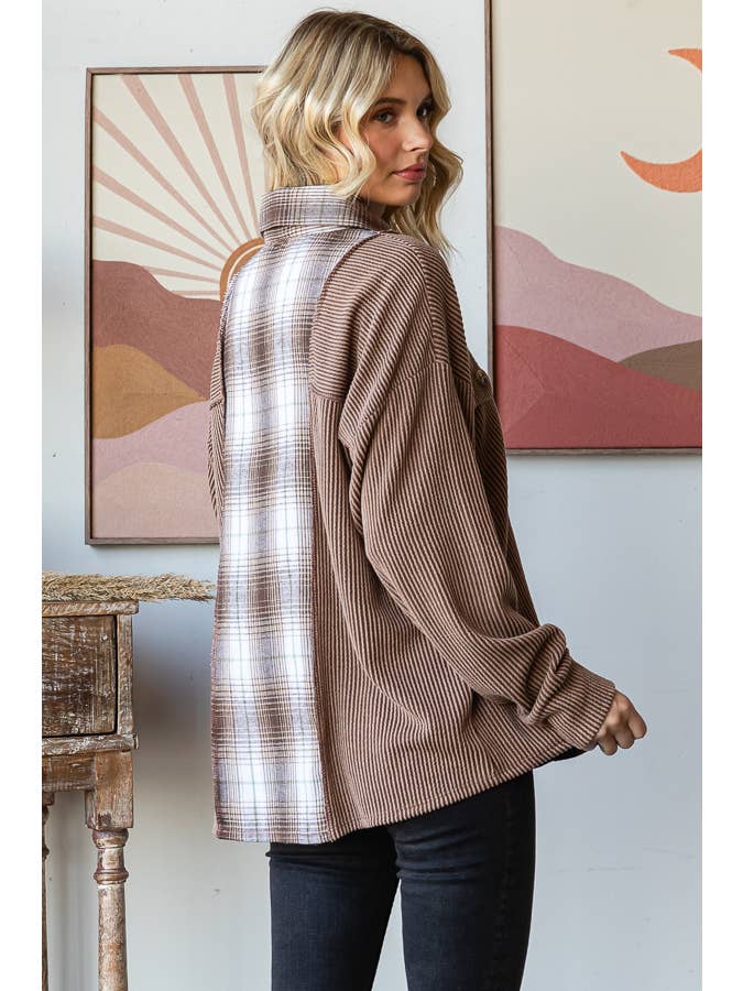 7th Ray - Wholesale Shirt Jacket/Shacket - Women's - Rib Plaid Contrast Drop Shoulder Button Down Shacket T5809
