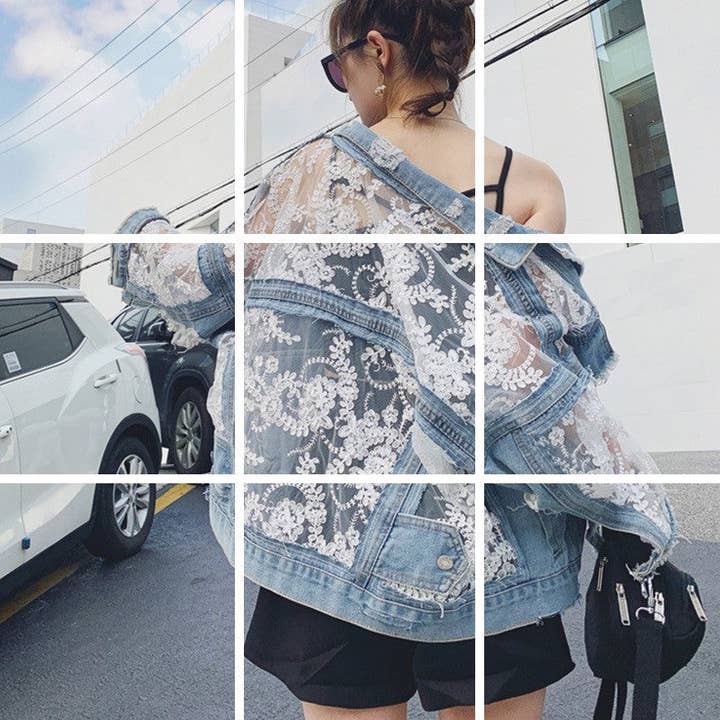 BABY BLUE Distressed Denim Jacket With Sheer Embroidery for wholesale on Faire