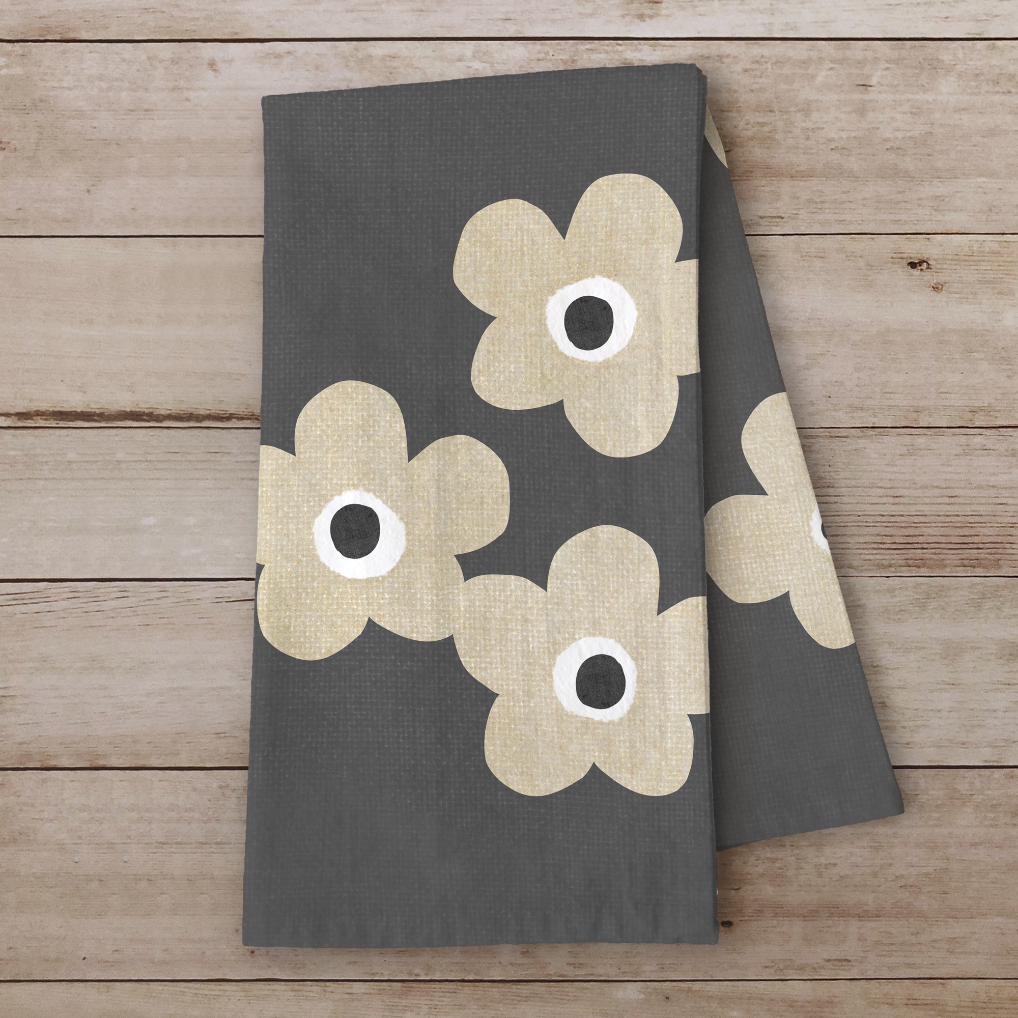 Susan Case Designs - Wholesale Tea Towel - Floral Tea Towel - Kitchen Decor - Beige Flowers Charcoal 3