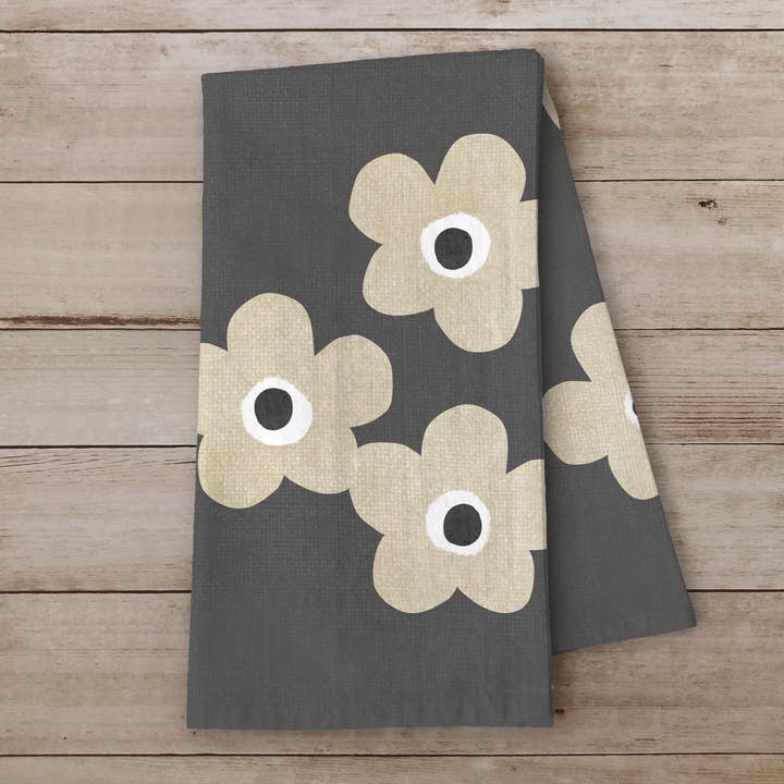 Susan Case Designs - Wholesale Tea Towel - Floral Tea Towel - Kitchen Decor - Beige Flowers Charcoal 3