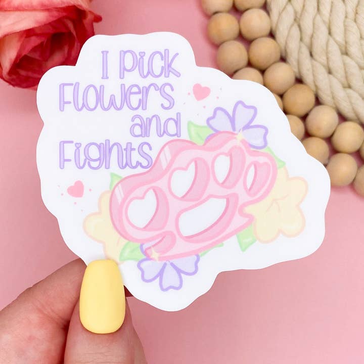 I Pick Flowers and Fights Vinyl Sticker for wholesale by Pink Petal Paper Co