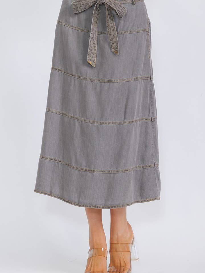 Gray 2250045- Solid lyocell tiered tied waist midi skirt for wholesale on Faire1