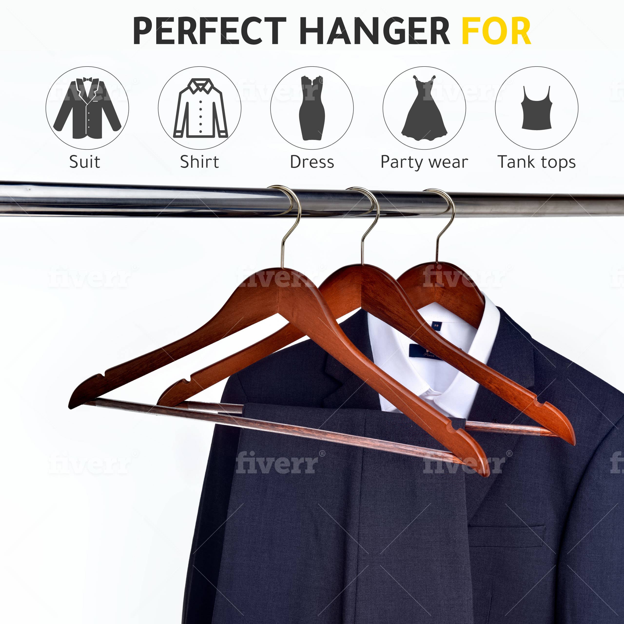 Quality Hangers - Wholesale Clothes Hangers - W010 Semi Curved Wooden Hangers, 17.5" Walnut-Gold - 90 Pcs7