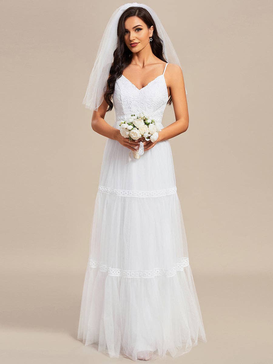 White Spaghetti Straps Mesh Wedding Dress for wholesale on Faire8