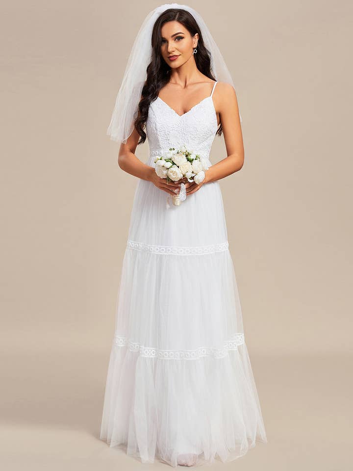 White Spaghetti Straps Mesh Wedding Dress for wholesale on Faire8