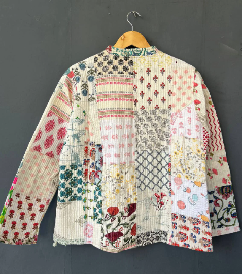 White Indian Cotton Patchwork Jacket Handmade Quilted Jacket  for wholesale on Faire2