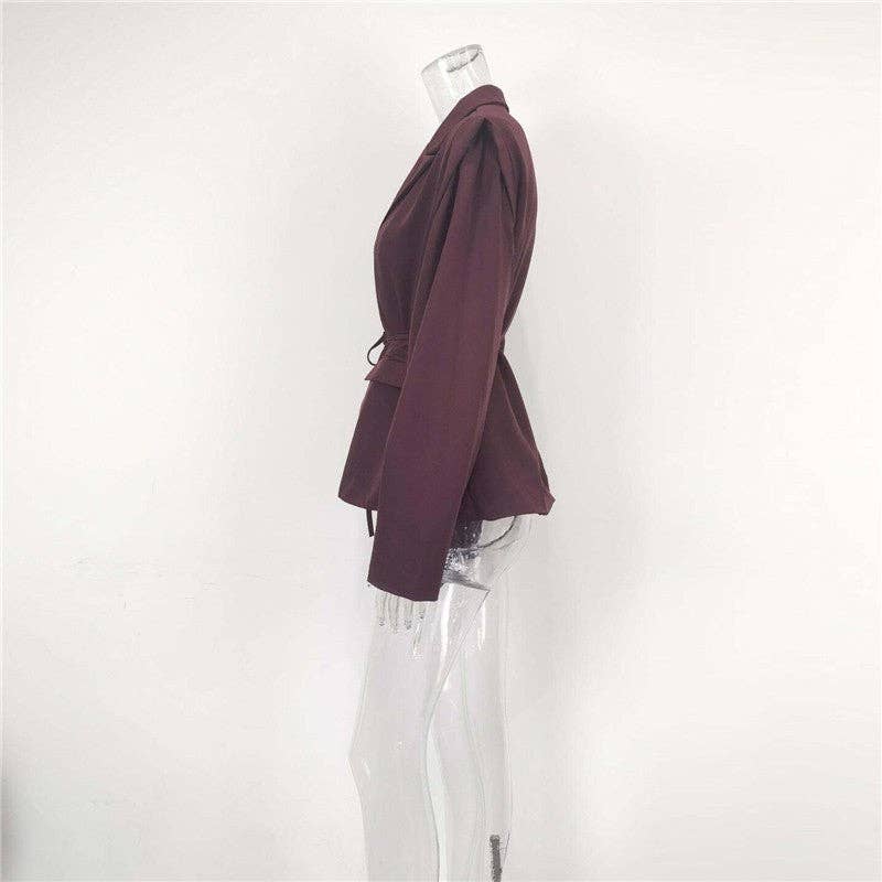 kycozy - Wholesale Blazer - Women's - Solid Color Belted Shoulder Padded Blazer3
