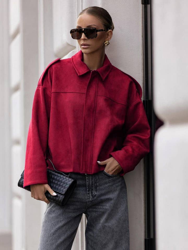 Anika Oversized Suede Bomber Jacket–Red for wholesale by Catwalk Wholesale