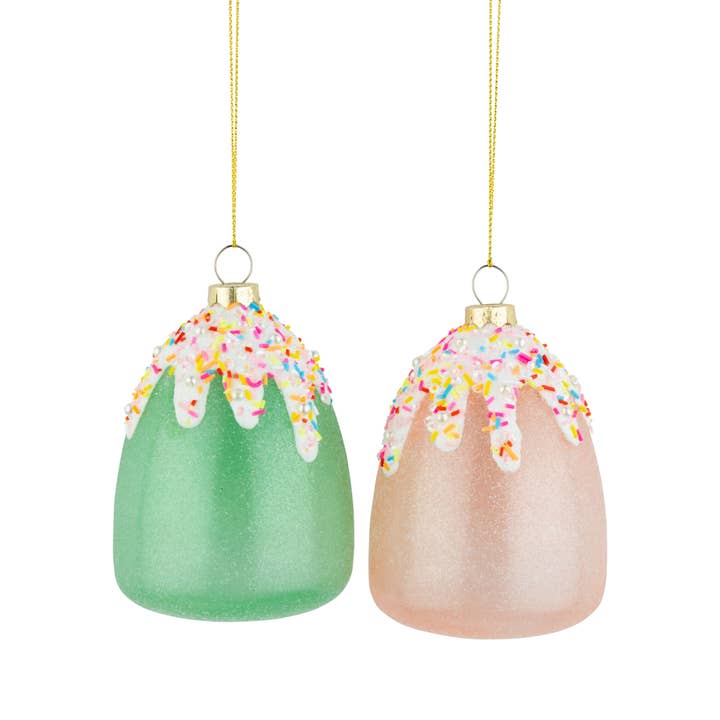 A45431: 2 Asst'd glass gumdrop ornaments,4in for wholesale by Silver Tree Home & Holiday
