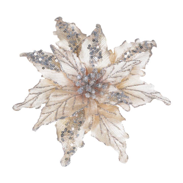 9.5" Ivory & Silver Glitter Poinsettia w/Clip for wholesale by Christmas Tradition