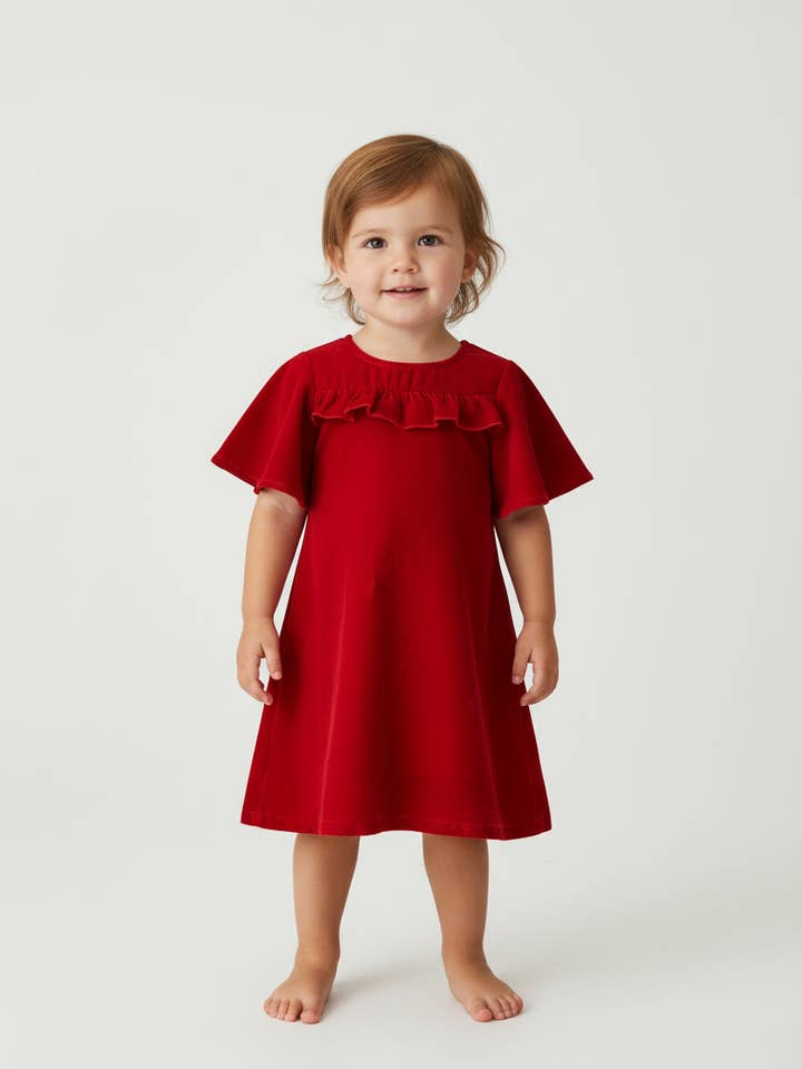 Robe droite à volants en velours rouge pour la vente par Yo Baby
