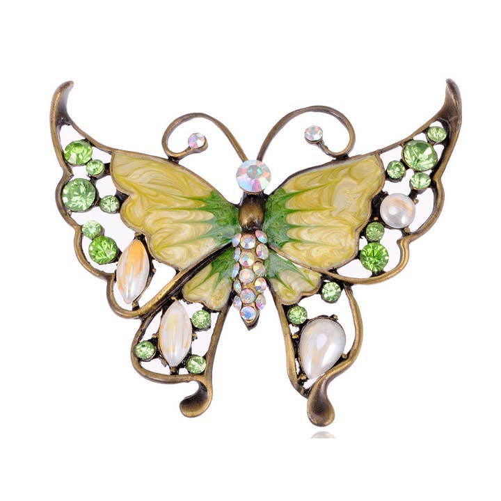 AK Brand - Wholesale Brooch - Antique Green Enamel Opal Butterfly Insect Brooch Pin