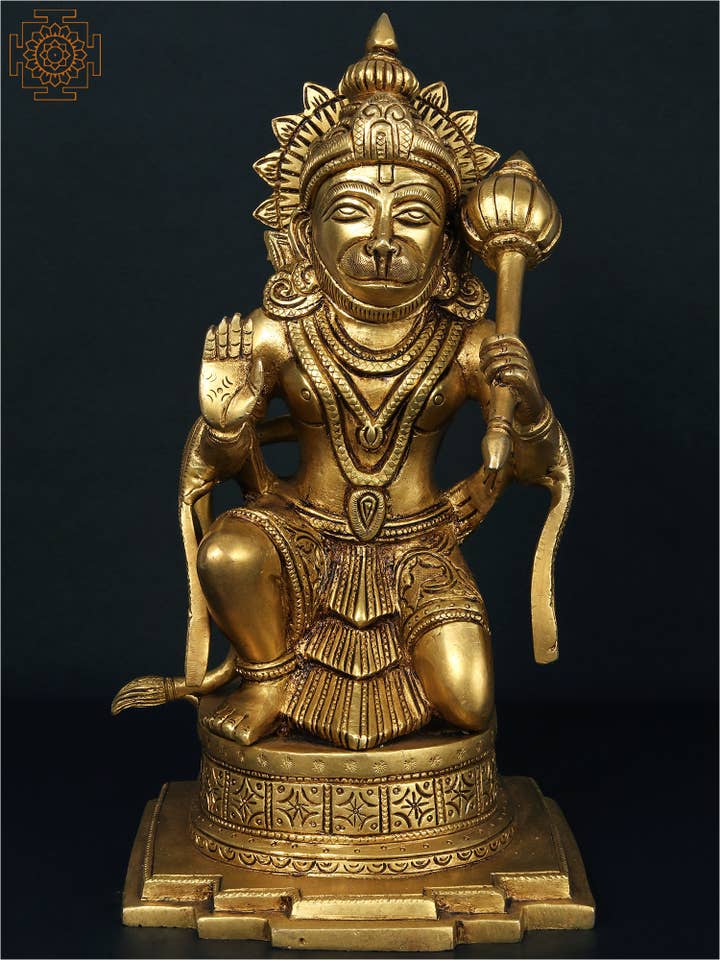 Idolo della benedizione di Lord Hanuman da 10" con mazza | Scultura in ottone per la vendita all'ingrosso da parte di Exotic India Art