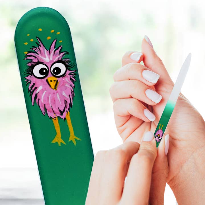 Kiwi Funny Pink Cartoon Bird Hand Painted Crystal Nail File for wholesale by Classy Nail Files