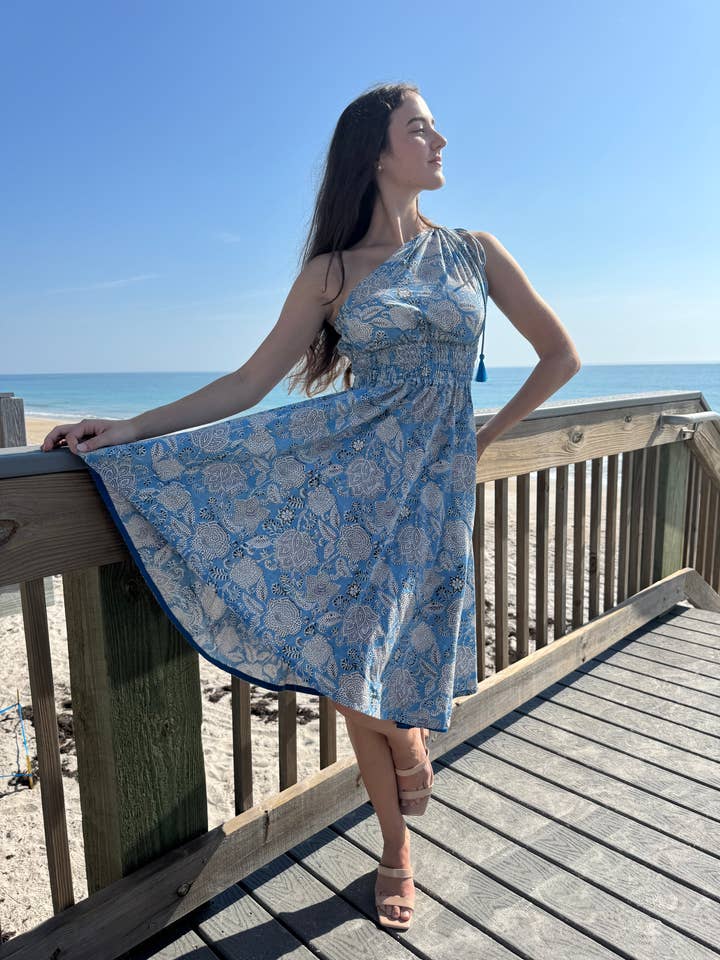 One Shoulder Goddess Dress | Botanical Azure for wholesale by PICK HAPPY