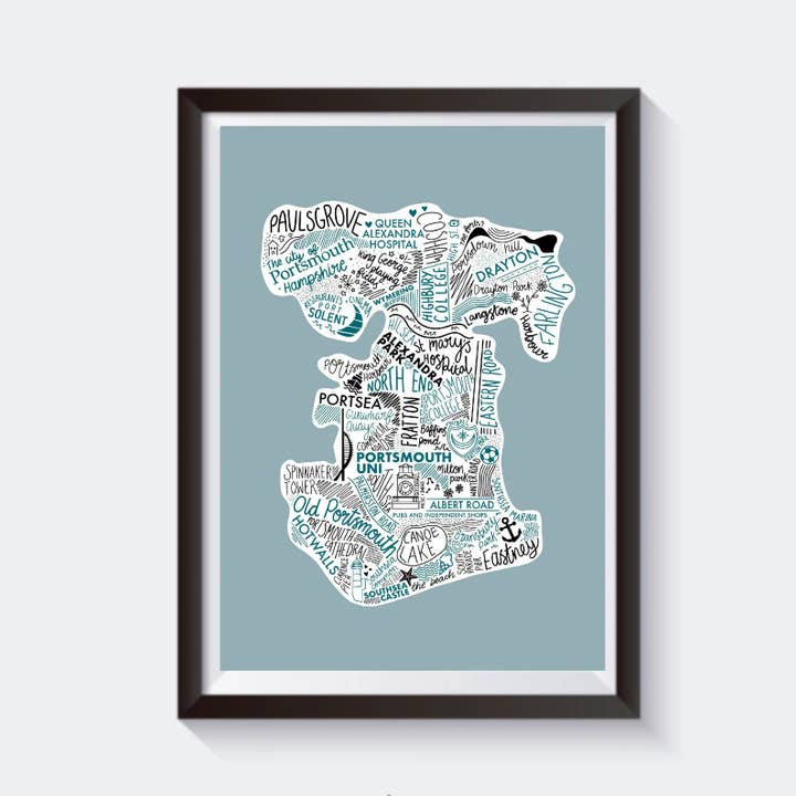 Illustrated Map of Portsmouth Travel Artwork Print - 6 Sizes for wholesale by 2 Sisters