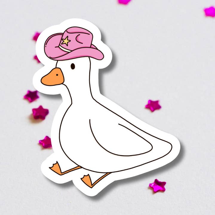 Cowboy Duck Vinyl Sticker - White Duck in Pink Hat for wholesale by Get Stoked