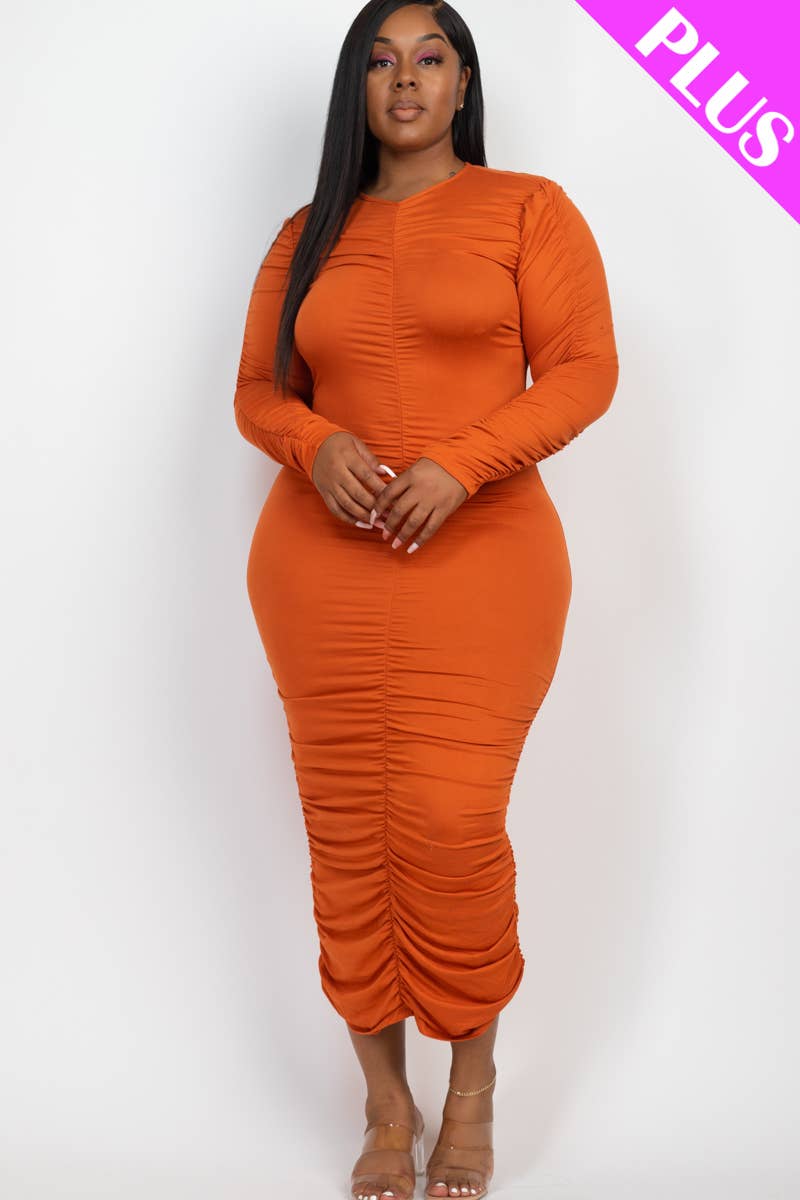 CAPELLA APPAREL - Wholesale Dress - Women's - Plus Size Ruched Long Sleeve Midi Dress5