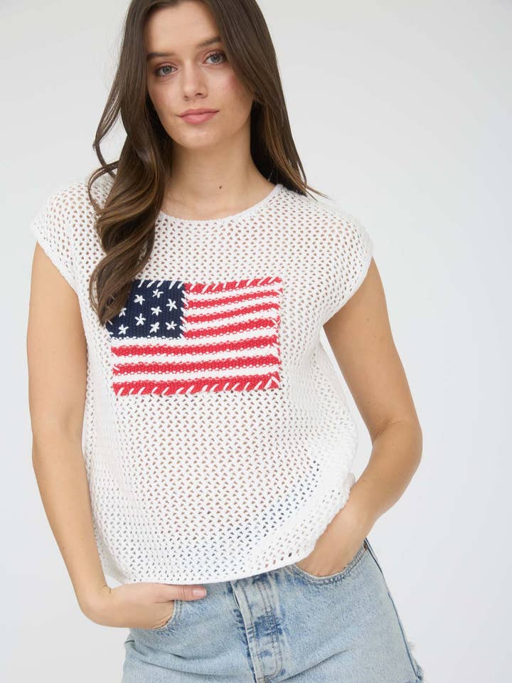 AMERICAN FLAG CROCHET KNIT SWEATER TOP for wholesale by Blu Pepper