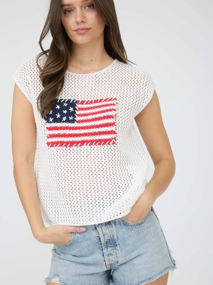 Blu Pepper - Wholesale Knit Sweater - Women's - PLUS AMERICAN FLAG CROCHET KNIT SWEATER TOP