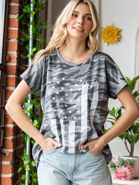 ST1255-55 CAMO TOP WITH AMERICAN FLAG PRINT for wholesale by HEIMISH