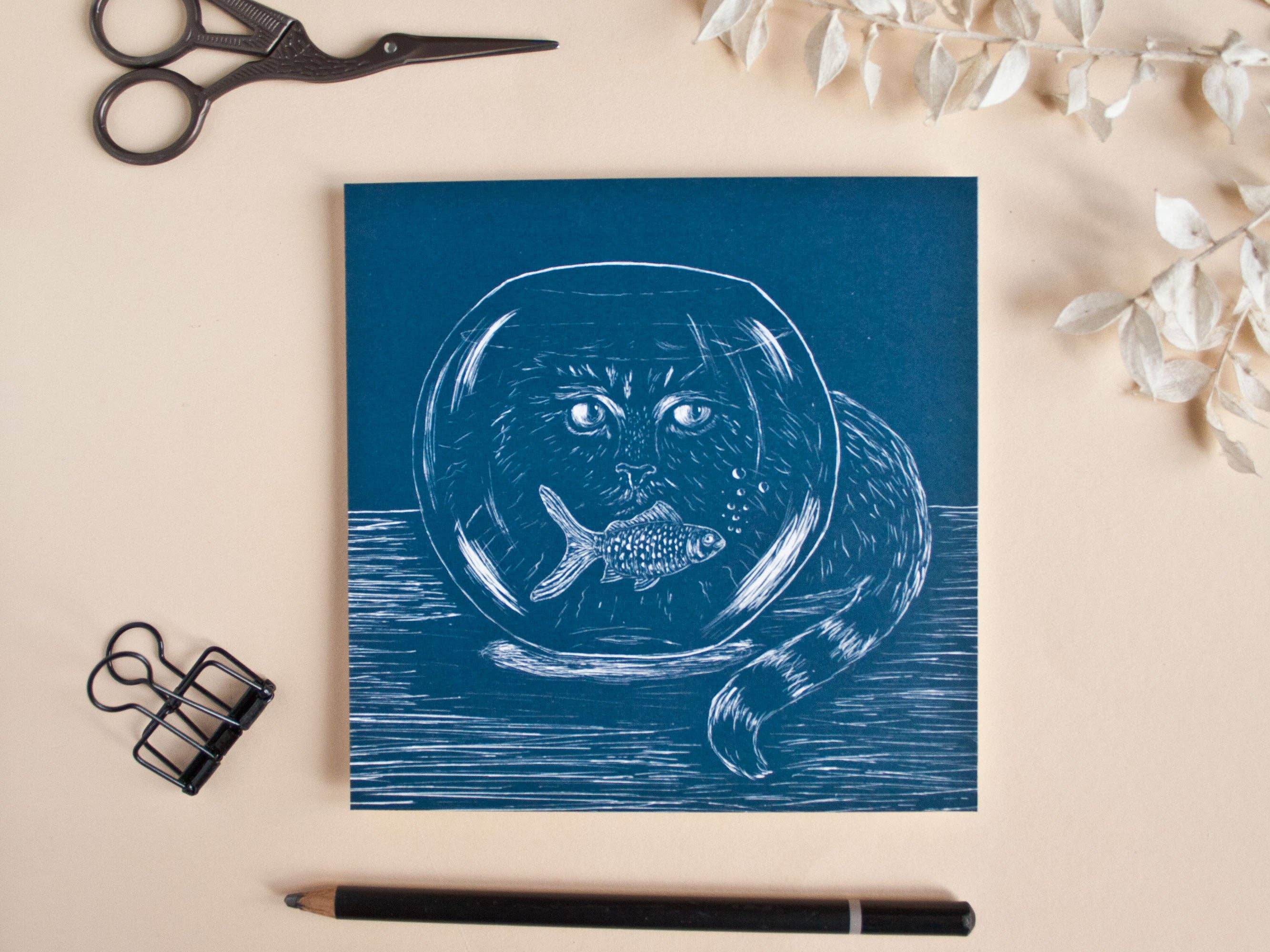 Katja Rub - Wholesale Postcard - Square Postcard Cat & Goldfish0