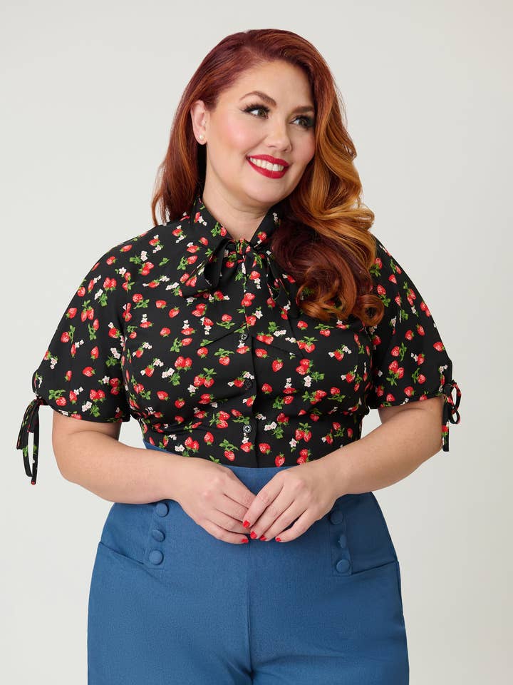 Unique Vintage Plus Size Black & Berries Print Chita Blouse for wholesale by Unique Vintage