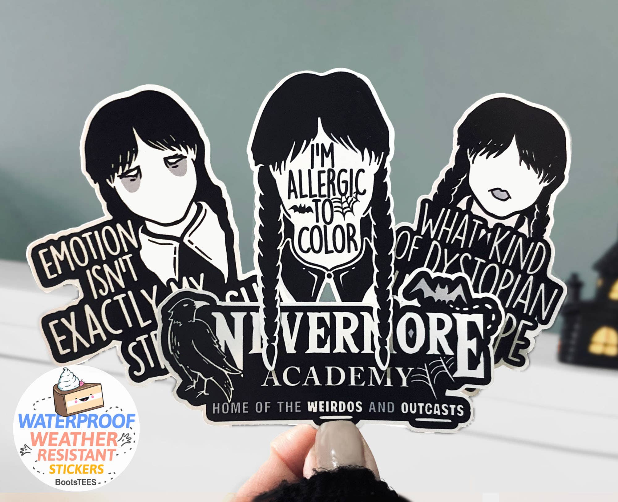 BootsTees - Wholesale Sticker - Wednesday Quote Sticker, I'M ALLERGIG TO COLOR Decal, 3.25"2