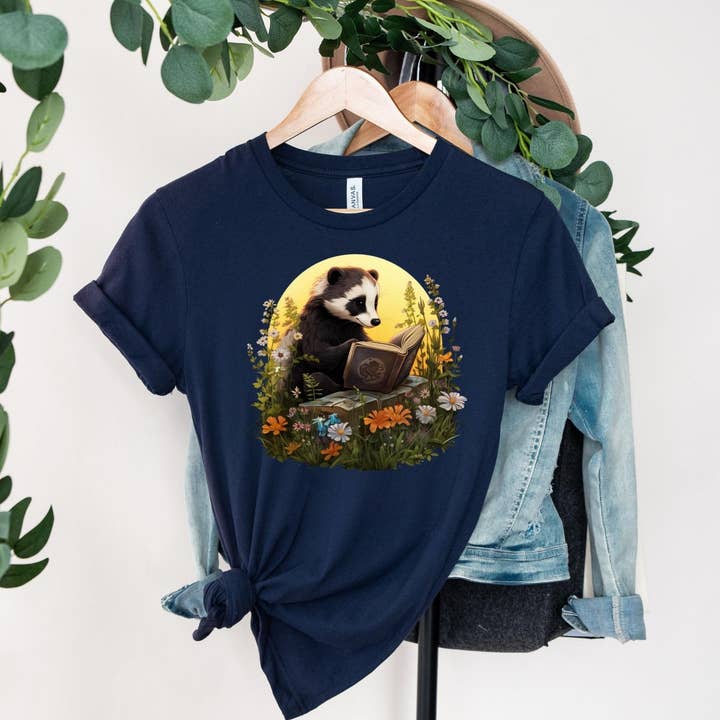 Vivtrek - Wholesale Screen Printed T-Shirt - Women's - Badger Reading Book Cottagecore Wildflower Library T-Shirt1