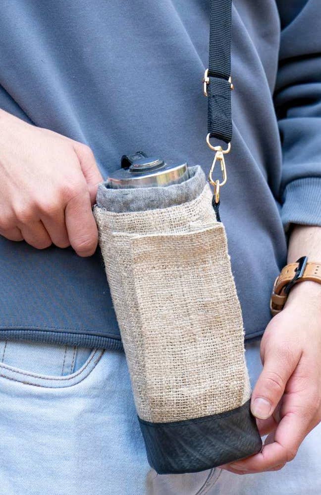 Ganesh Himal Trading - Wholesale Bottle Rack/Holder - Wild Hemp + Rubber Water Bottle Holder, Phone Pocket