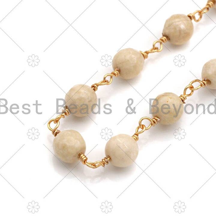 BestBeads&Beyond – Großhandel Perlenkette – Natürliche Korallen-Rosenkranzkette, 6mm weiße Koralle Perlenkette, Draht umwickelte Goldkette, Halskette Armband Bauch Gläser Drahtglieder Kette, Sku #V73