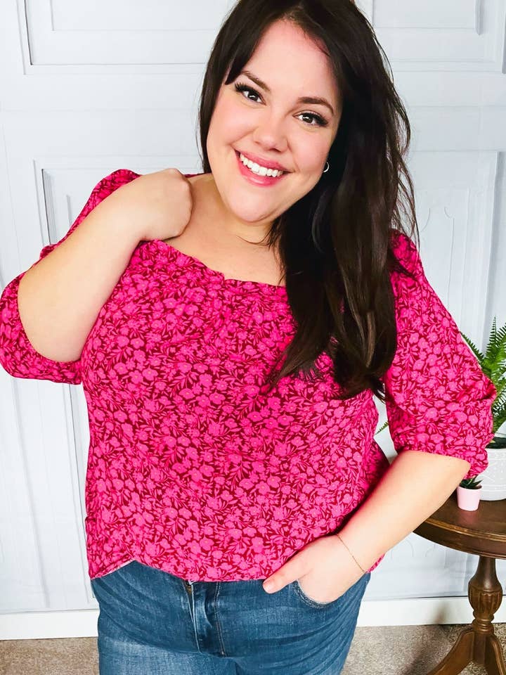 Fuchsia Floral Three Quarter Sleeve Square Neck (Open Pack) for wholesale by Promenade