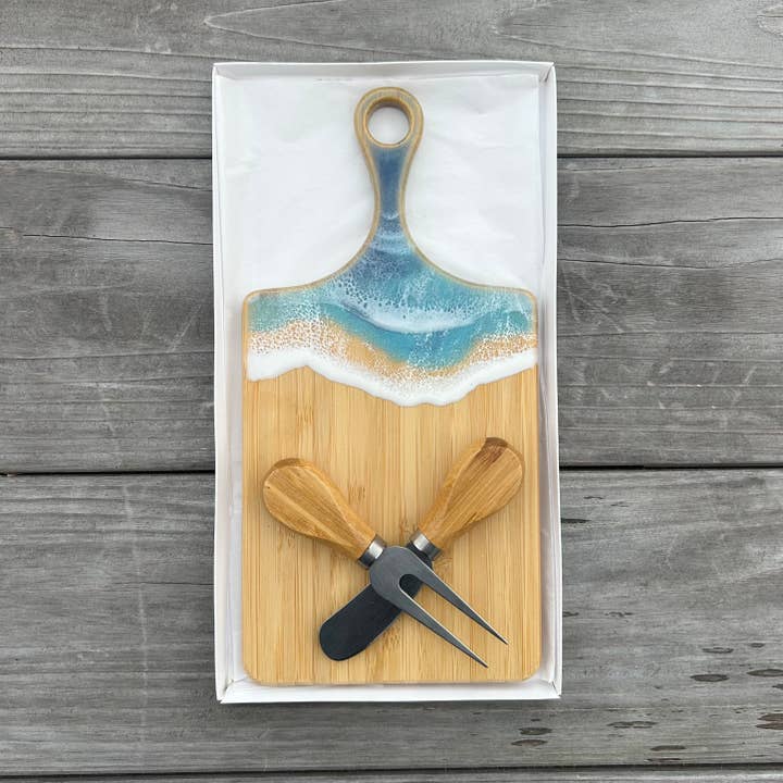 Charcuterie Board Gift Set - Wood + Resin - Coastal Ocean for wholesale by Coastal Coasters