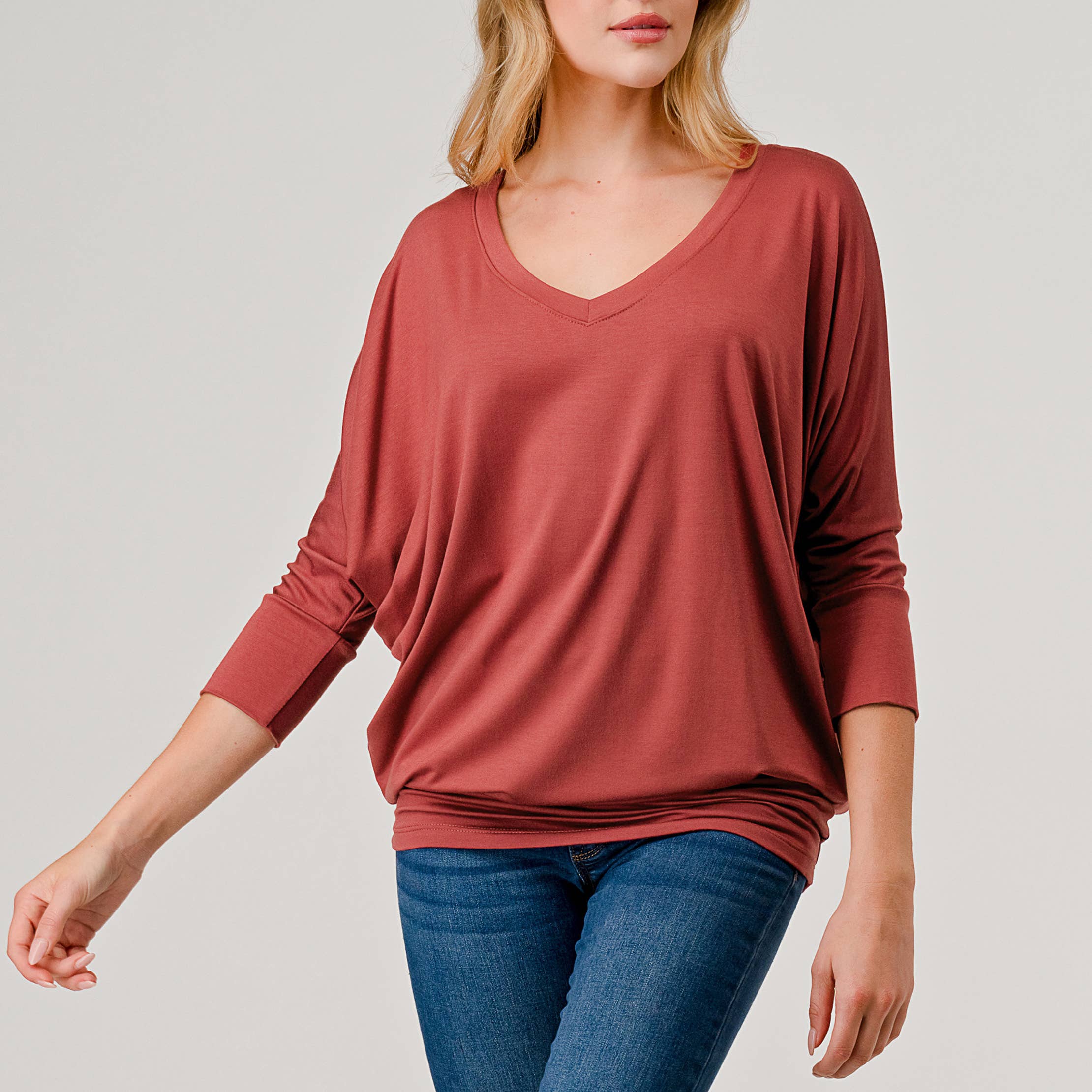 Heimious - Wholesale Knit Top - Women's - 3/4 Dolman Sleeve V-neck Modal Jersey Top, 257359