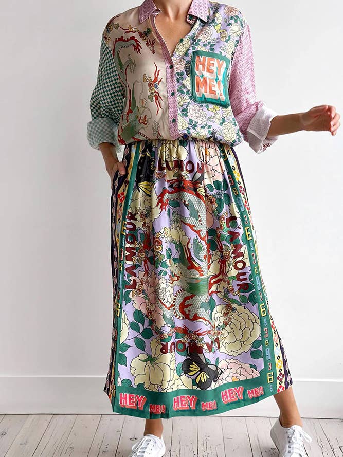 UNISHE - Wholesale Top & Skirt Set - Women's - Flower Dragon Print Button Up Shirt and Skirt Set JRM058