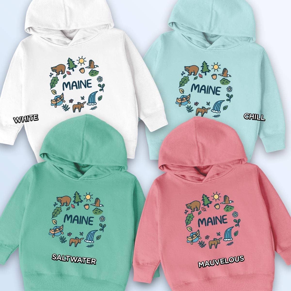 RetroPlanet - Vente Sweat à capuche – enfant - Sweat à capuche pour tout-petit avec icônes Maine Woodsy Doodles et nom personnalisé