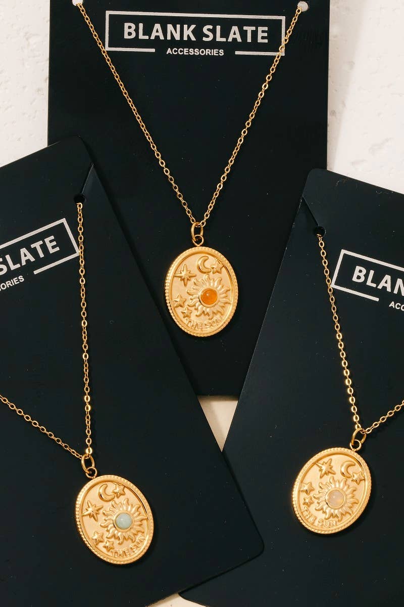 Fame Accessories - Wholesale Pendant/Charm Necklace - Stainless Steel Sun Moon And Stars Oval Pendant Necklace1