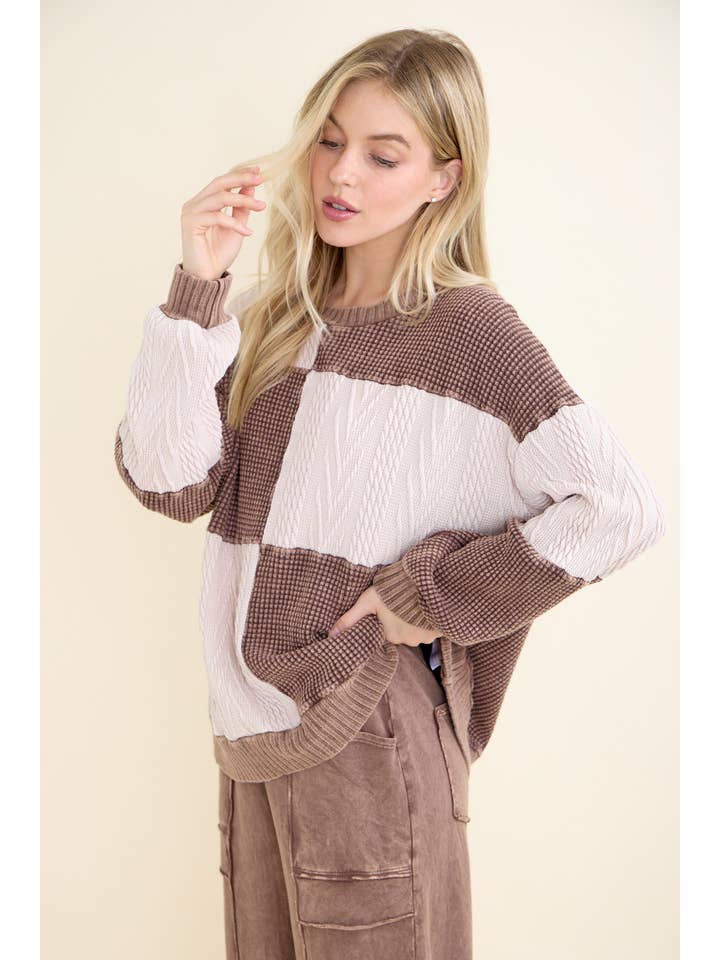 J.Her - Wholesale Knit Sweater - Women's - Mineral Washed Fall Winter Boho block Sweather Top HT67914