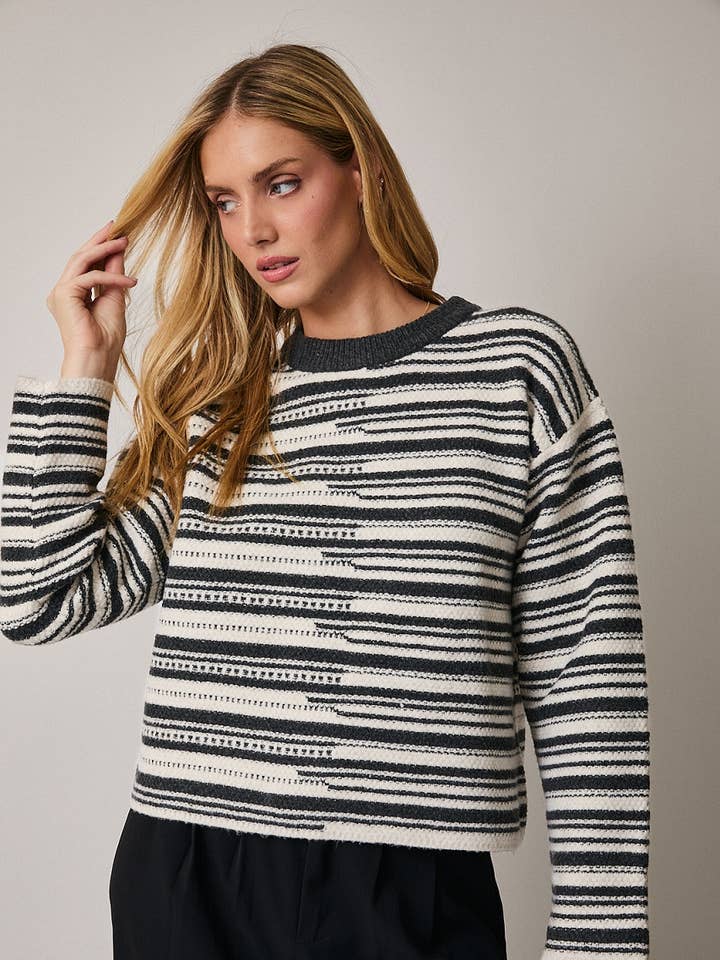 ROUND NECK LONG SLEEVE STRIPE SWEATER for wholesale by Sunday Edition by LE LIS